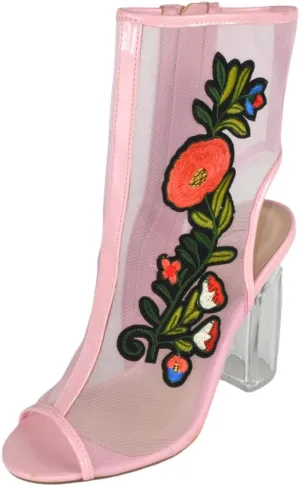Women Shoes Open Toe Mesh Ankle Booties Embroidered Floral Block Clear High Heel Sandals Side Zipper YLANG Pink