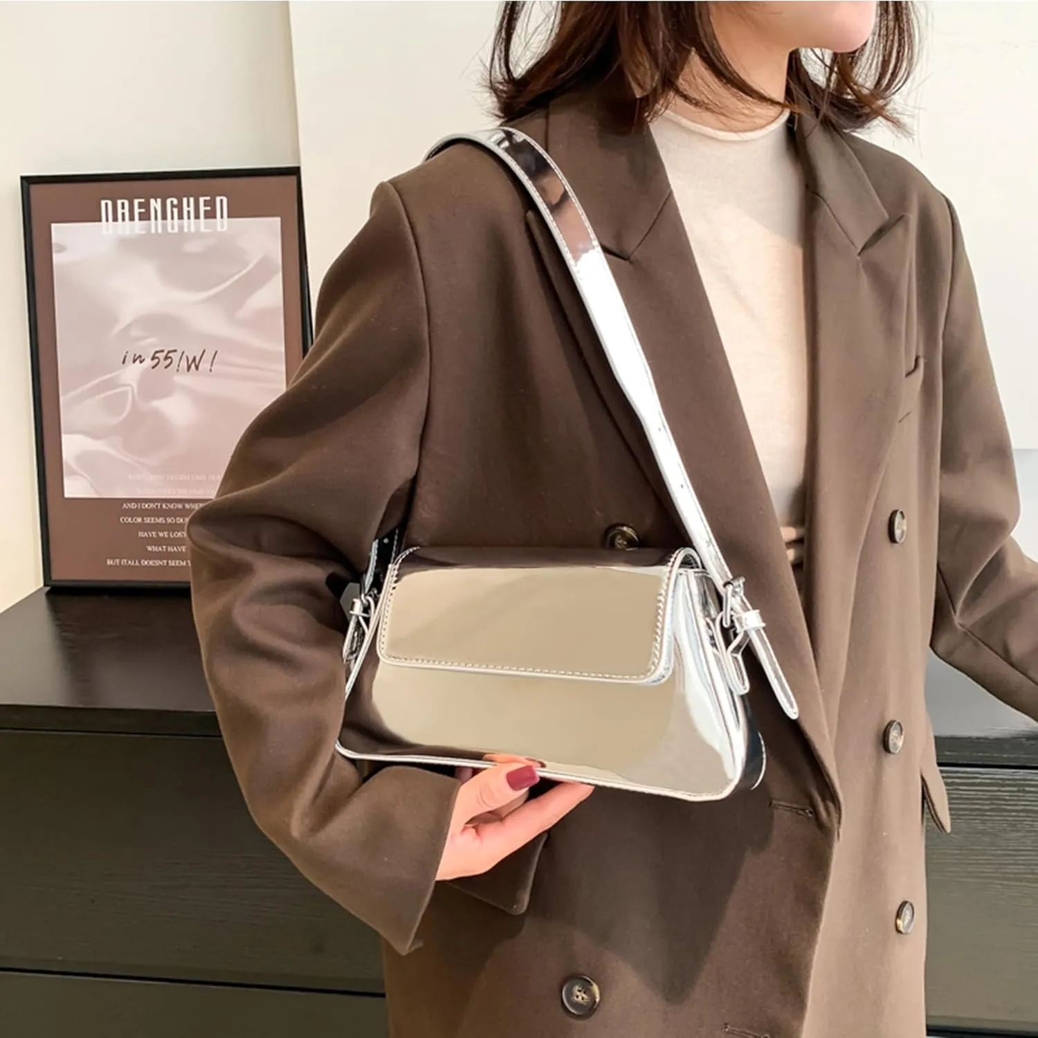 Women Small Shoulder Bag Cute Hobo Tote Handbag Evening Clutch Bag Y2k Sparkly Silver Purse for Party Prom Wedding