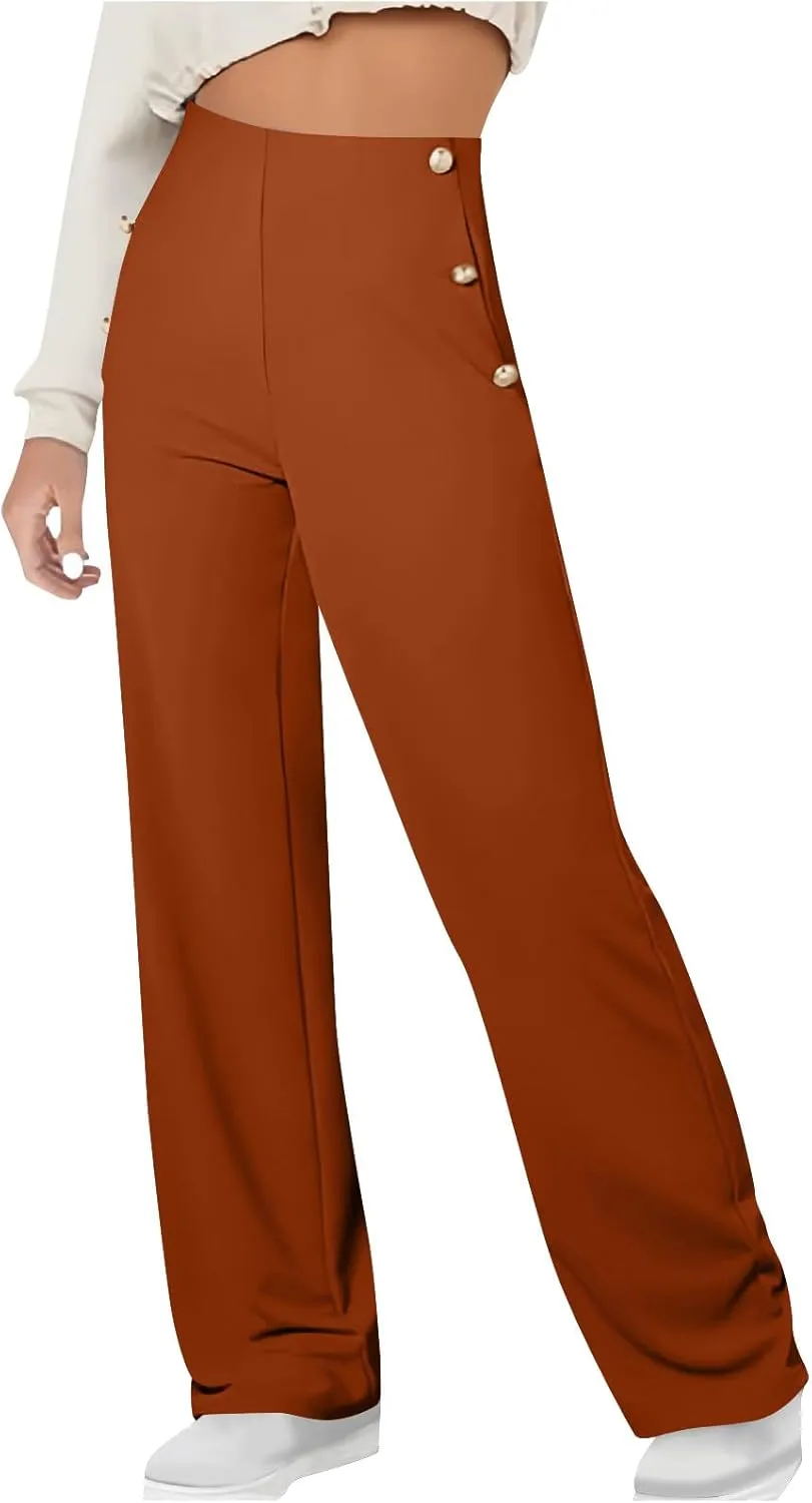 Women Tummy Control Button Pant High Waisted Wide Leg Pants Stretch Work Office Business Casual Trousers Pockets