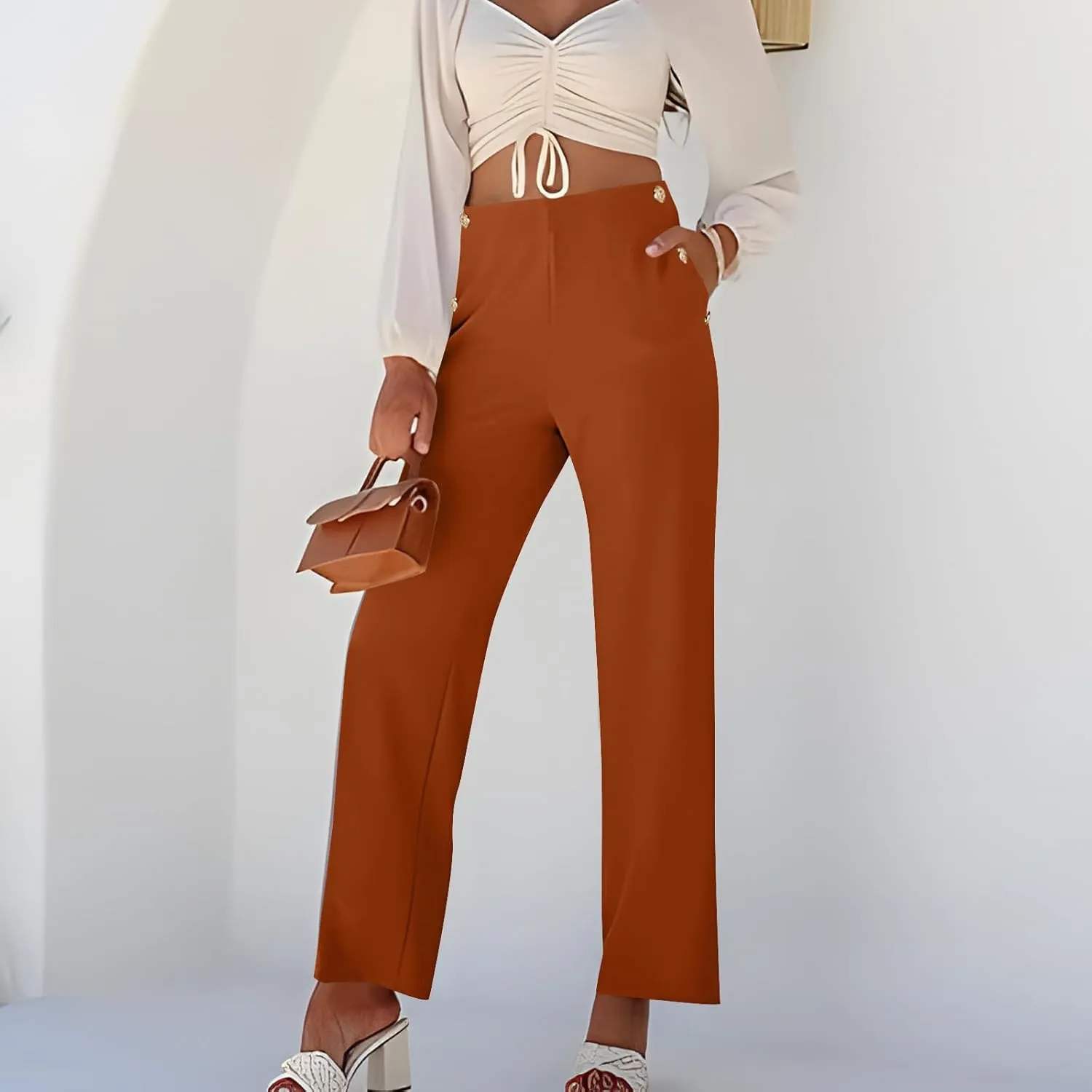 Women Tummy Control Button Pant High Waisted Wide Leg Pants Stretch Work Office Business Casual Trousers Pockets