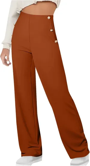Women Tummy Control Button Pant High Waisted Wide Leg Pants Stretch Work Office Business Casual Trousers Pockets