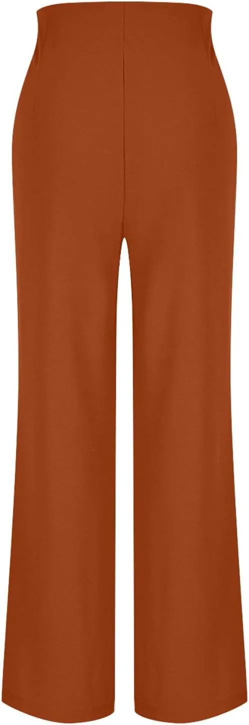 Women Tummy Control Button Pant High Waisted Wide Leg Pants Stretch Work Office Business Casual Trousers Pockets