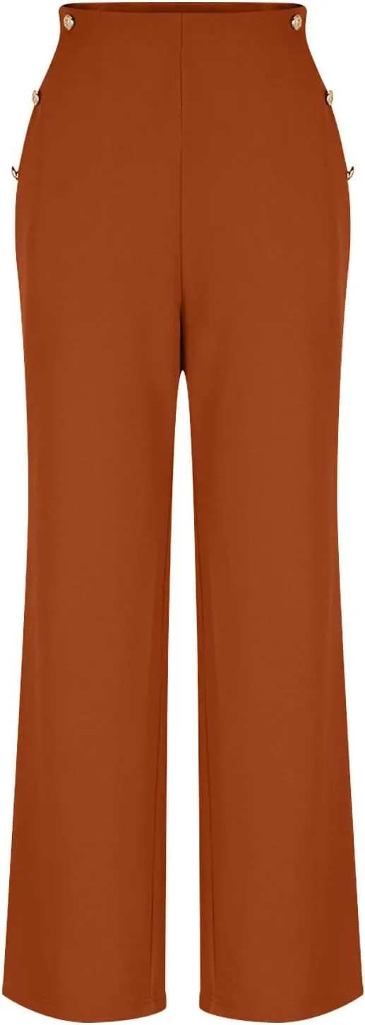 Women Tummy Control Button Pant High Waisted Wide Leg Pants Stretch Work Office Business Casual Trousers Pockets