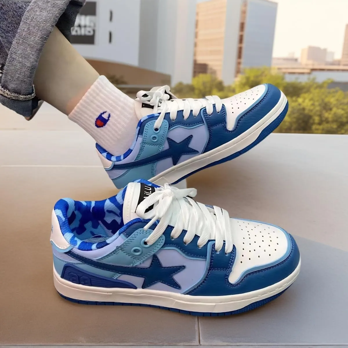 Women Y2K Skate Sneakers, Star Patch Chunky Trainers, Premium Leather Streetwear Teens Couple Matching Preppy Campus