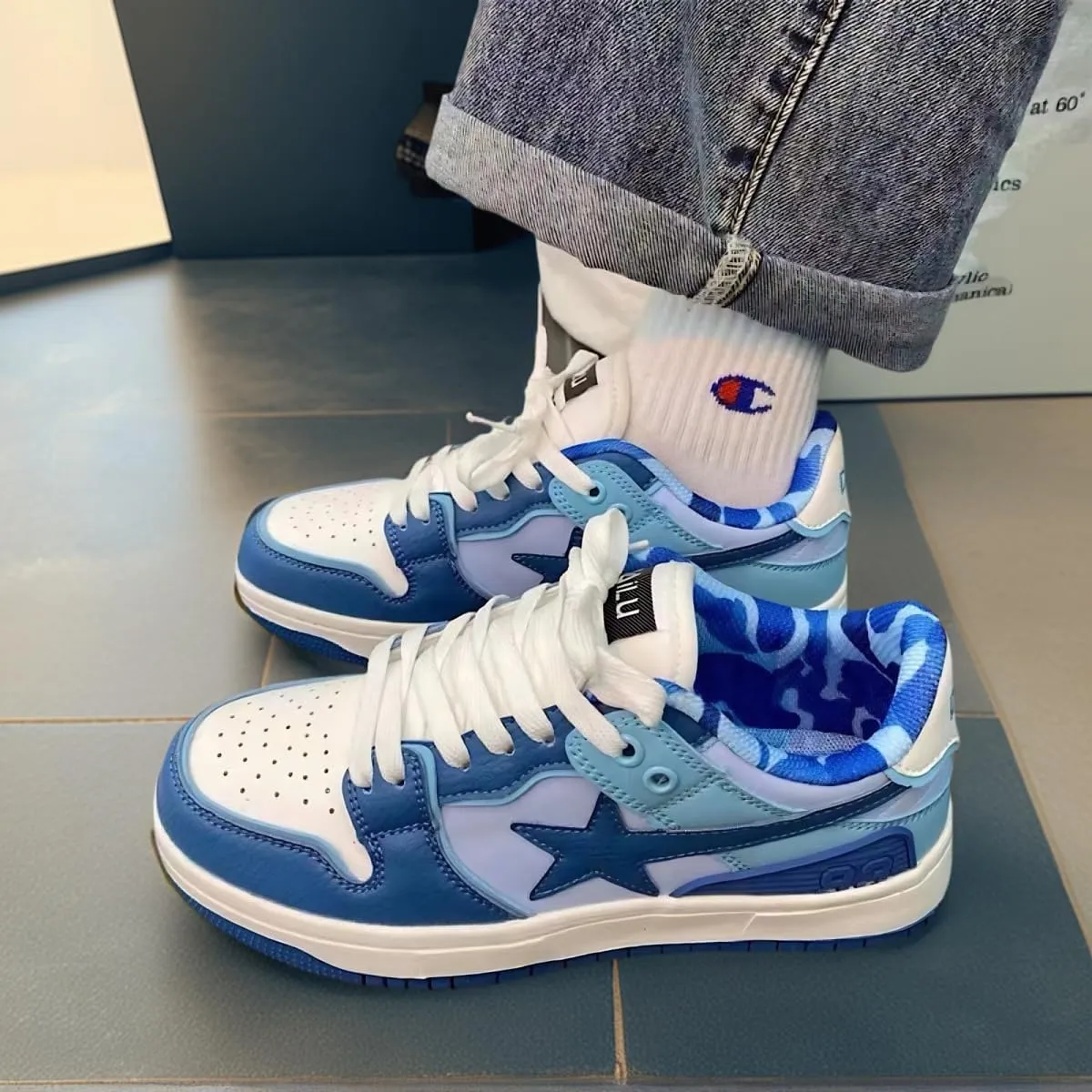 Women Y2K Skate Sneakers, Star Patch Chunky Trainers, Premium Leather Streetwear Teens Couple Matching Preppy Campus