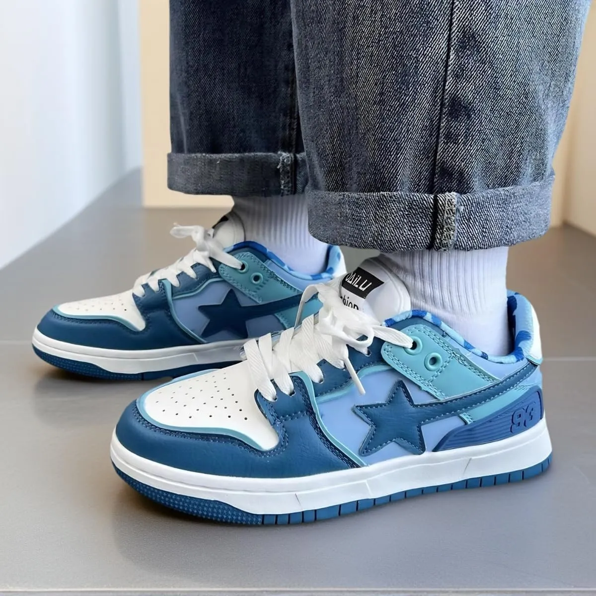 Women Y2K Skate Sneakers, Star Patch Chunky Trainers, Premium Leather Streetwear Teens Couple Matching Preppy Campus