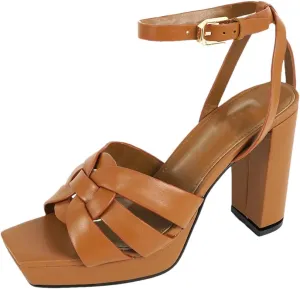 Women's 10cm Leather Sandals - Thick Heel Luxurious Party Shoes