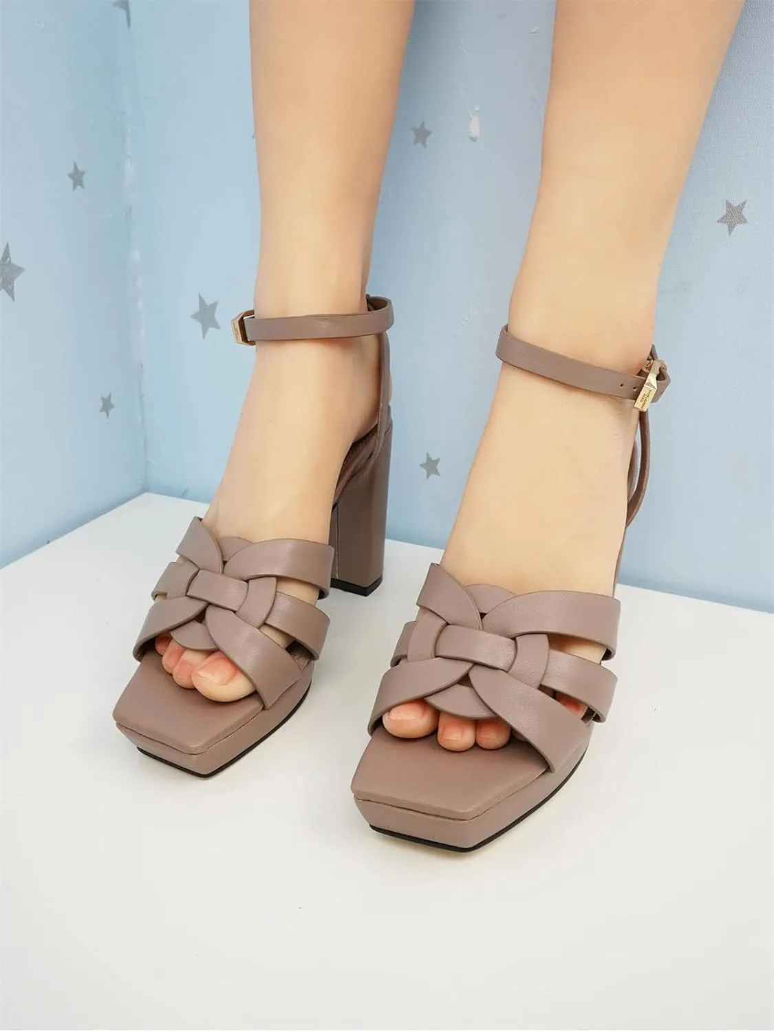 Women's 10cm Leather Sandals - Thick Heel Luxurious Party Shoes