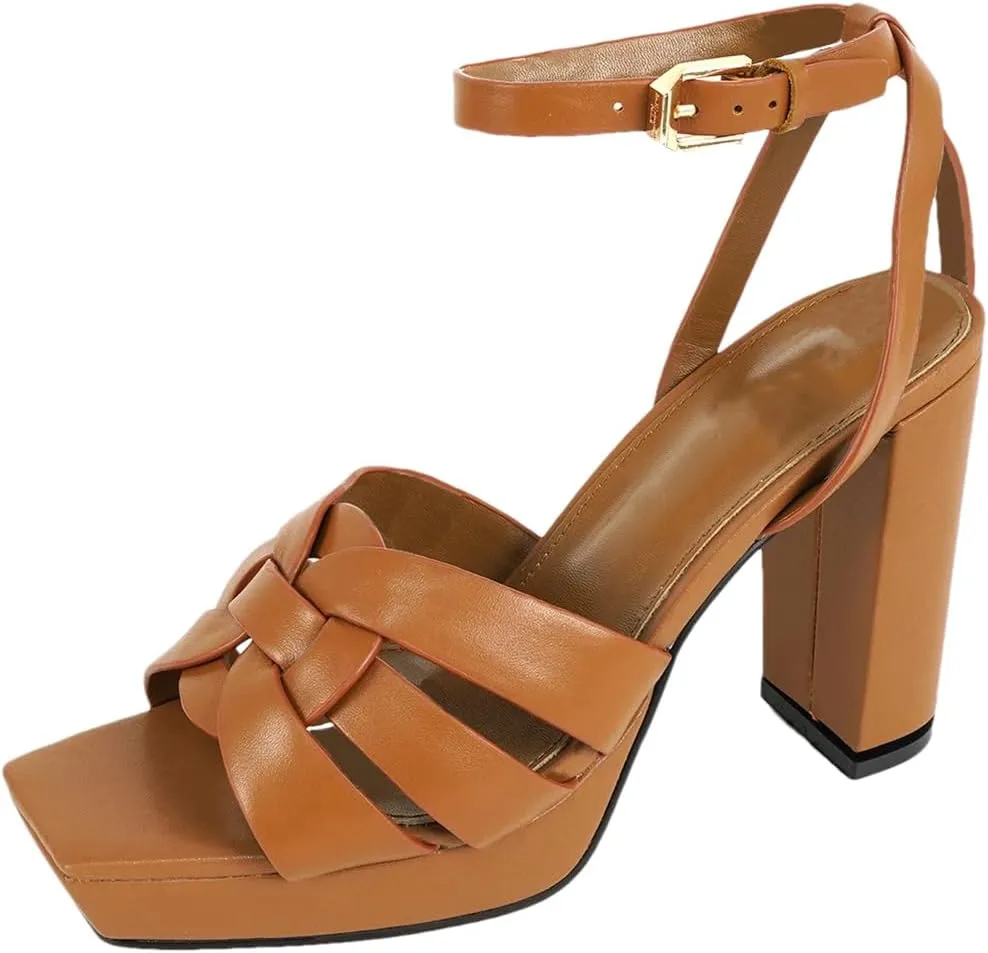 Women's 10cm Leather Sandals - Thick Heel Luxurious Party Shoes