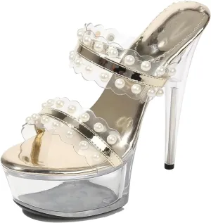 Women's 15cm Transparent Sandals - PVC Nightclub Shoes with Pearl Details