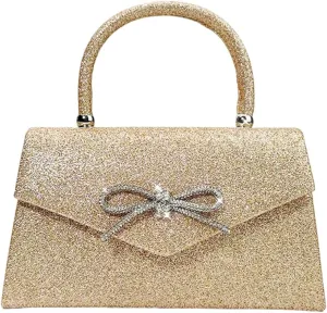 Women’s Bows Evening Bag – Sparkly Rhinestone Clutch Purse, Glitter Top Handle Bag for Weddings, Parties, and Prom