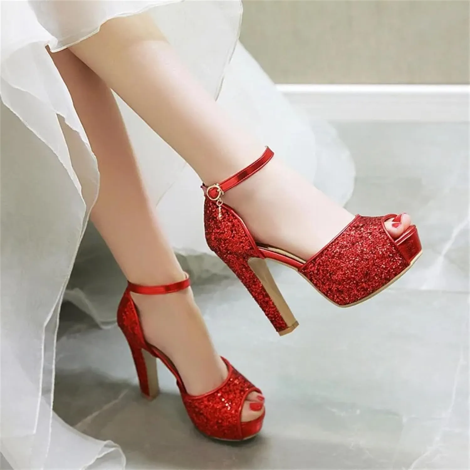 Women's Bride Sandals - Peep Toe Thick Heel Red Platforms