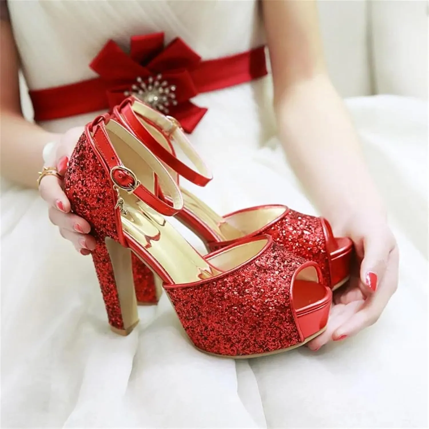 Women's Bride Sandals - Peep Toe Thick Heel Red Platforms