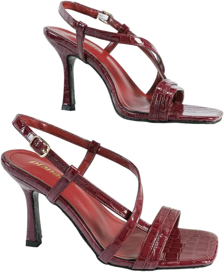 Women's Burgundy Croc-Embossed High Heel Sandals – Crisscross Strap Stilettos with Ankle Buckle – Square-Toe Luxury Party Shoes (Sizes 6-11, Wide Width Available)