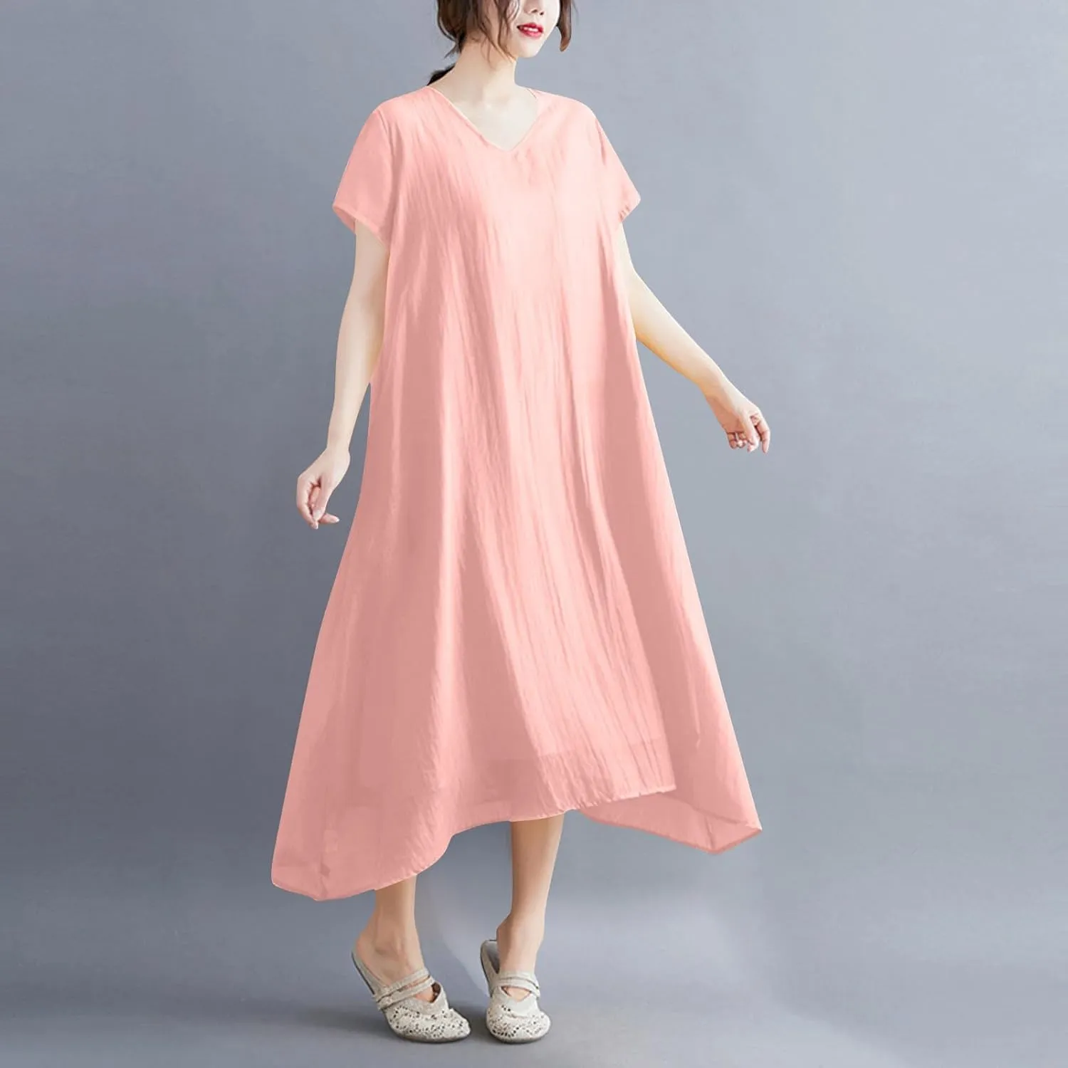 Women's Casual Pajama Solid Color Dress Round Neck Long Dresses Loose Fit Comfortable Midi Skirt Home Daily