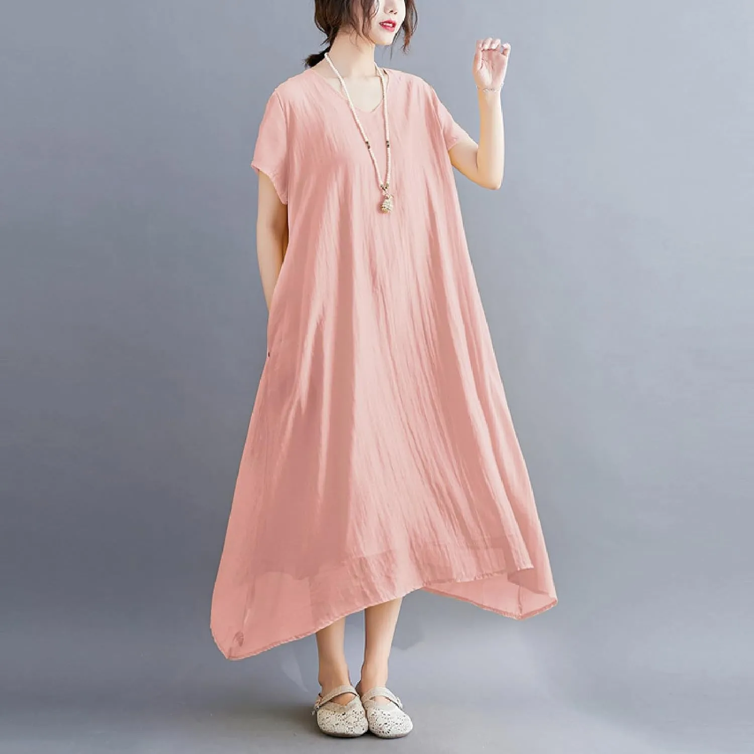 Women's Casual Pajama Solid Color Dress Round Neck Long Dresses Loose Fit Comfortable Midi Skirt Home Daily