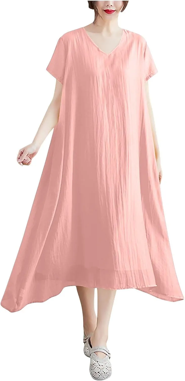 Women's Casual Pajama Solid Color Dress Round Neck Long Dresses Loose Fit Comfortable Midi Skirt Home Daily