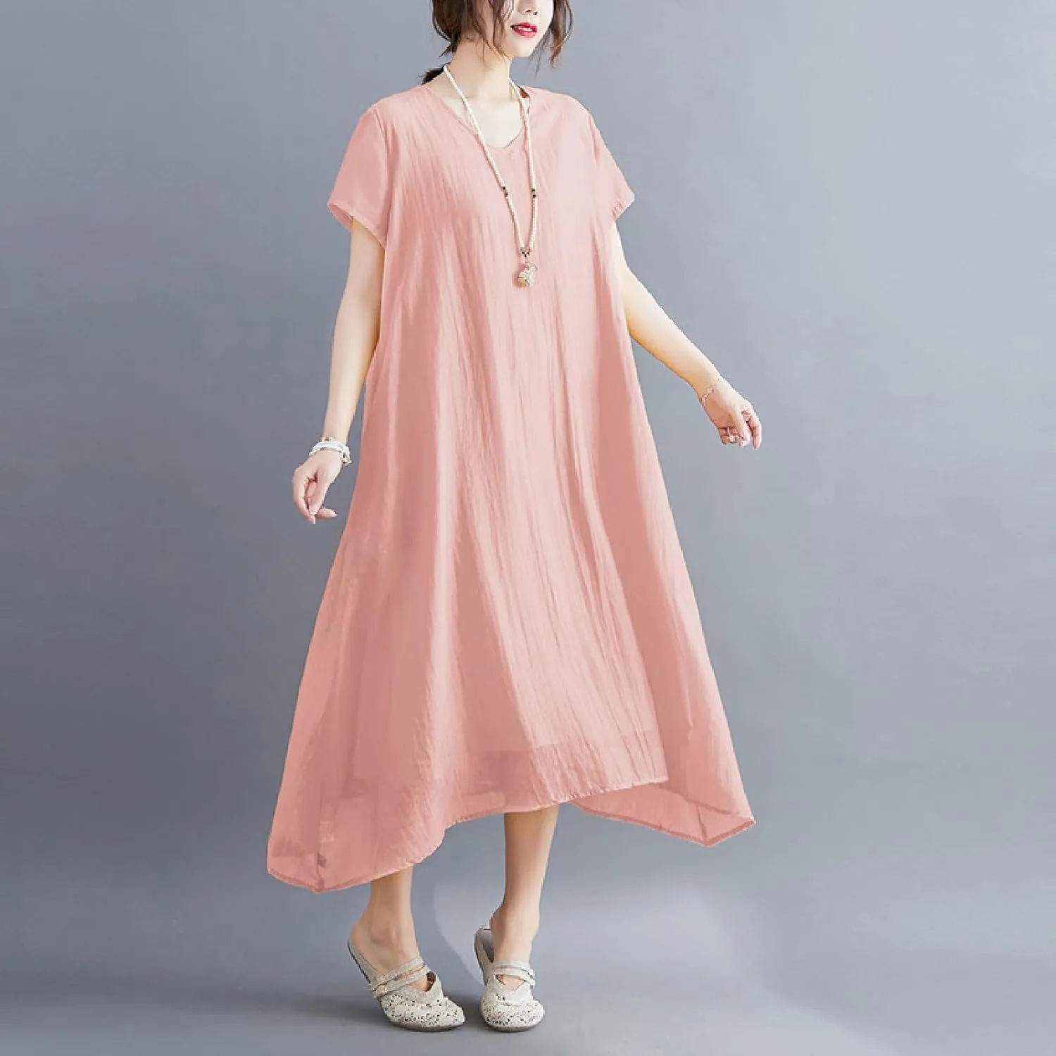 Women's Casual Pajama Solid Color Dress Round Neck Long Dresses Loose Fit Comfortable Midi Skirt Home Daily