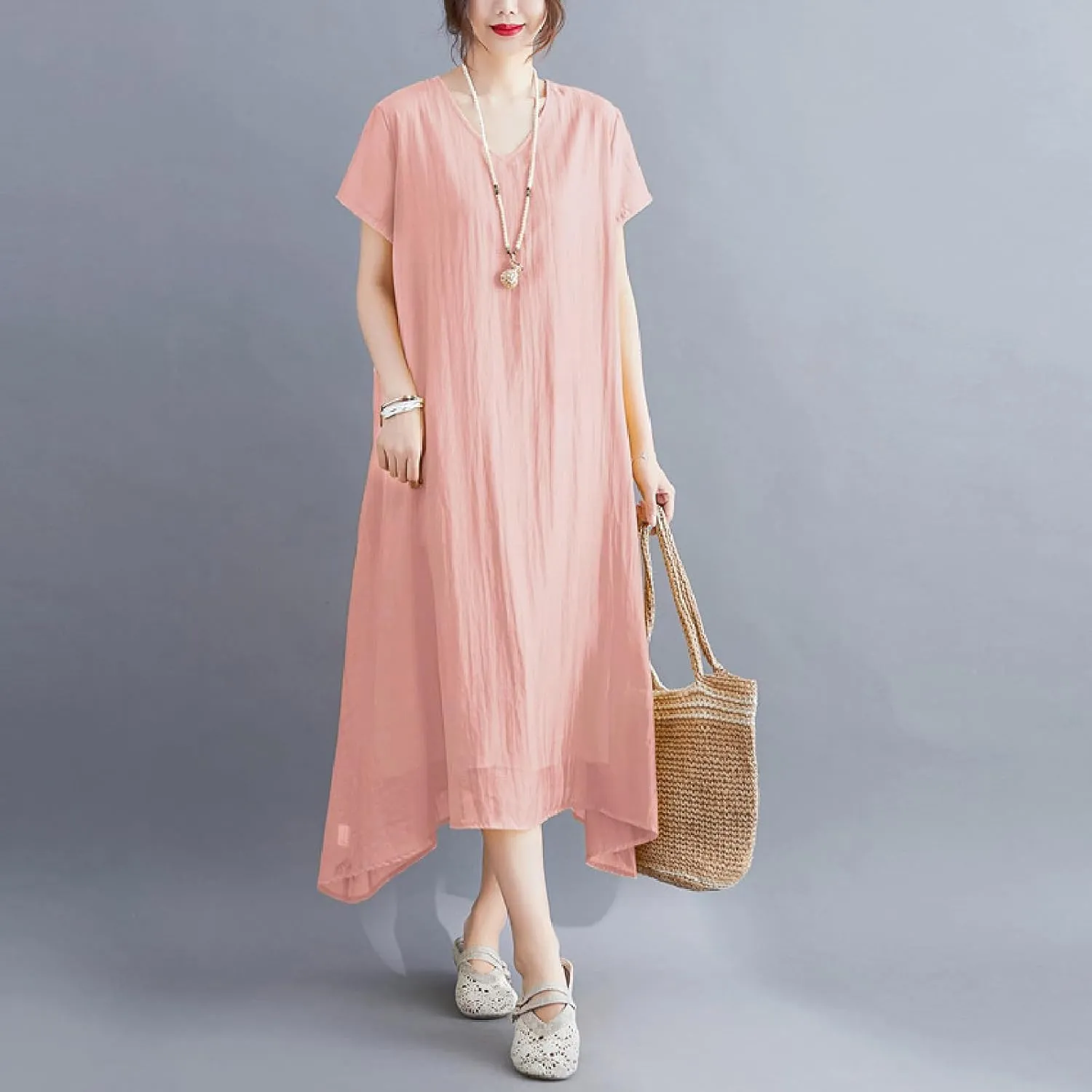 Women's Casual Pajama Solid Color Dress Round Neck Long Dresses Loose Fit Comfortable Midi Skirt Home Daily
