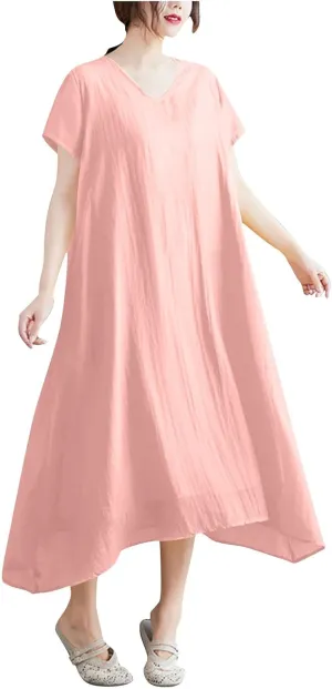 Women's Casual Pajama Solid Color Dress Round Neck Long Dresses Loose Fit Comfortable Midi Skirt Home Daily