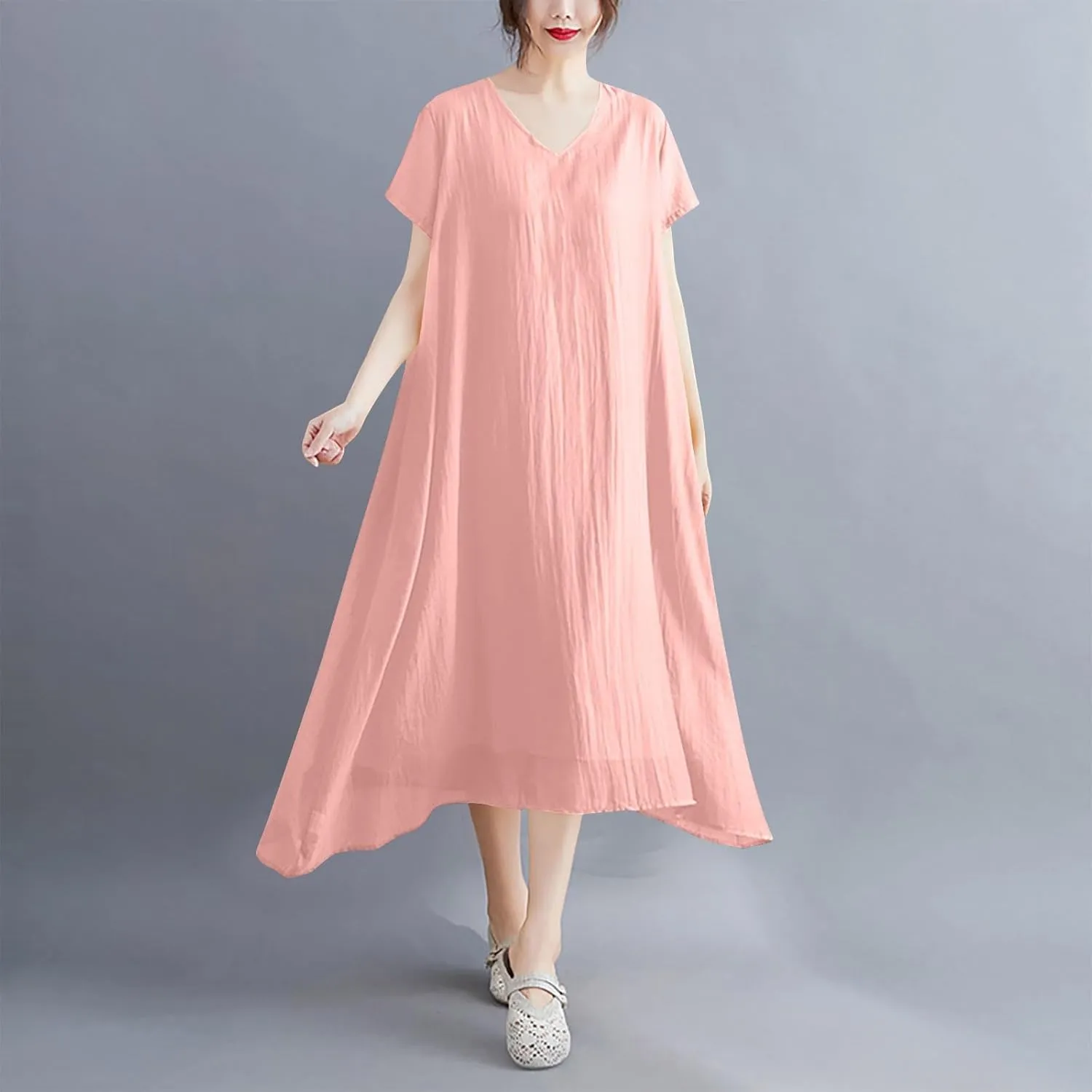 Women's Casual Pajama Solid Color Dress Round Neck Long Dresses Loose Fit Comfortable Midi Skirt Home Daily