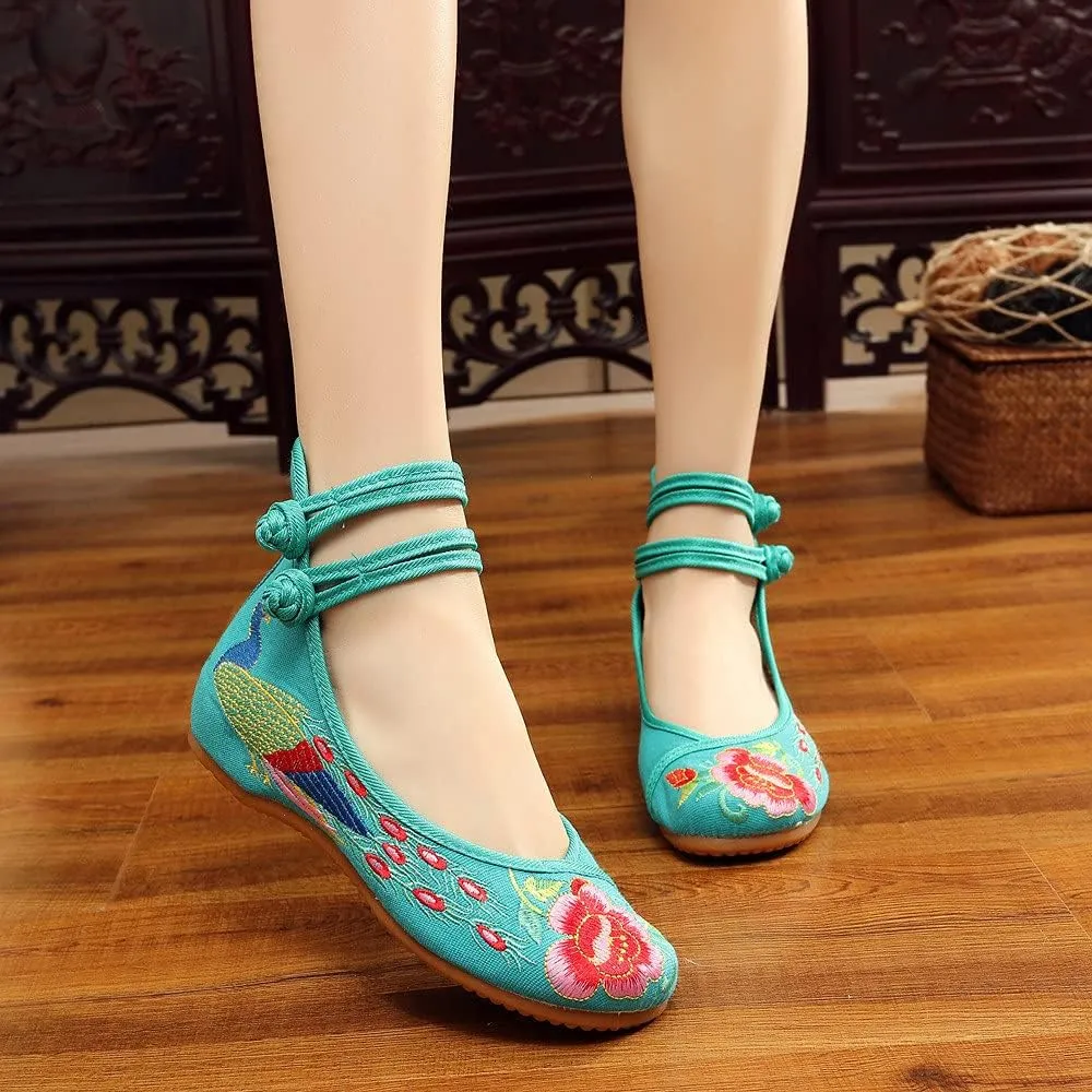 Women's Chinese Traditional Embroidered Oxfords Sole Cheongsam Mary Jane Shoes Ladies Casual Comfort Soft Canvas Flats