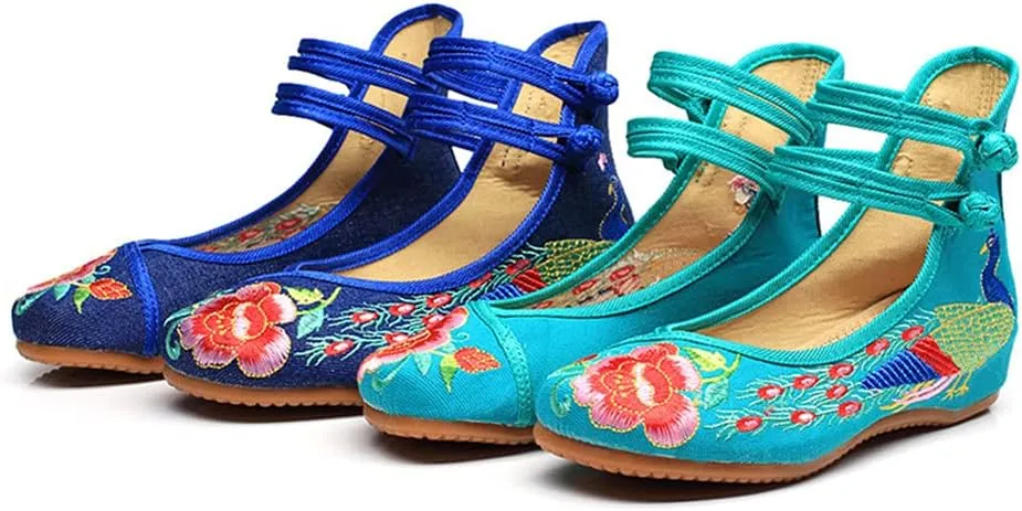 Women's Chinese Traditional Embroidered Oxfords Sole Cheongsam Mary Jane Shoes Ladies Casual Comfort Soft Canvas Flats