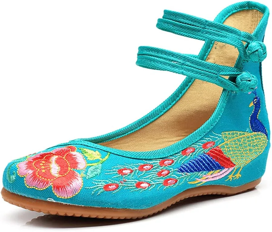 Women's Chinese Traditional Embroidered Oxfords Sole Cheongsam Mary Jane Shoes Ladies Casual Comfort Soft Canvas Flats