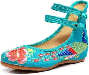 Women's Chinese Traditional Embroidered Oxfords Sole Cheongsam Mary Jane Shoes Ladies Casual Comfort Soft Canvas Flats