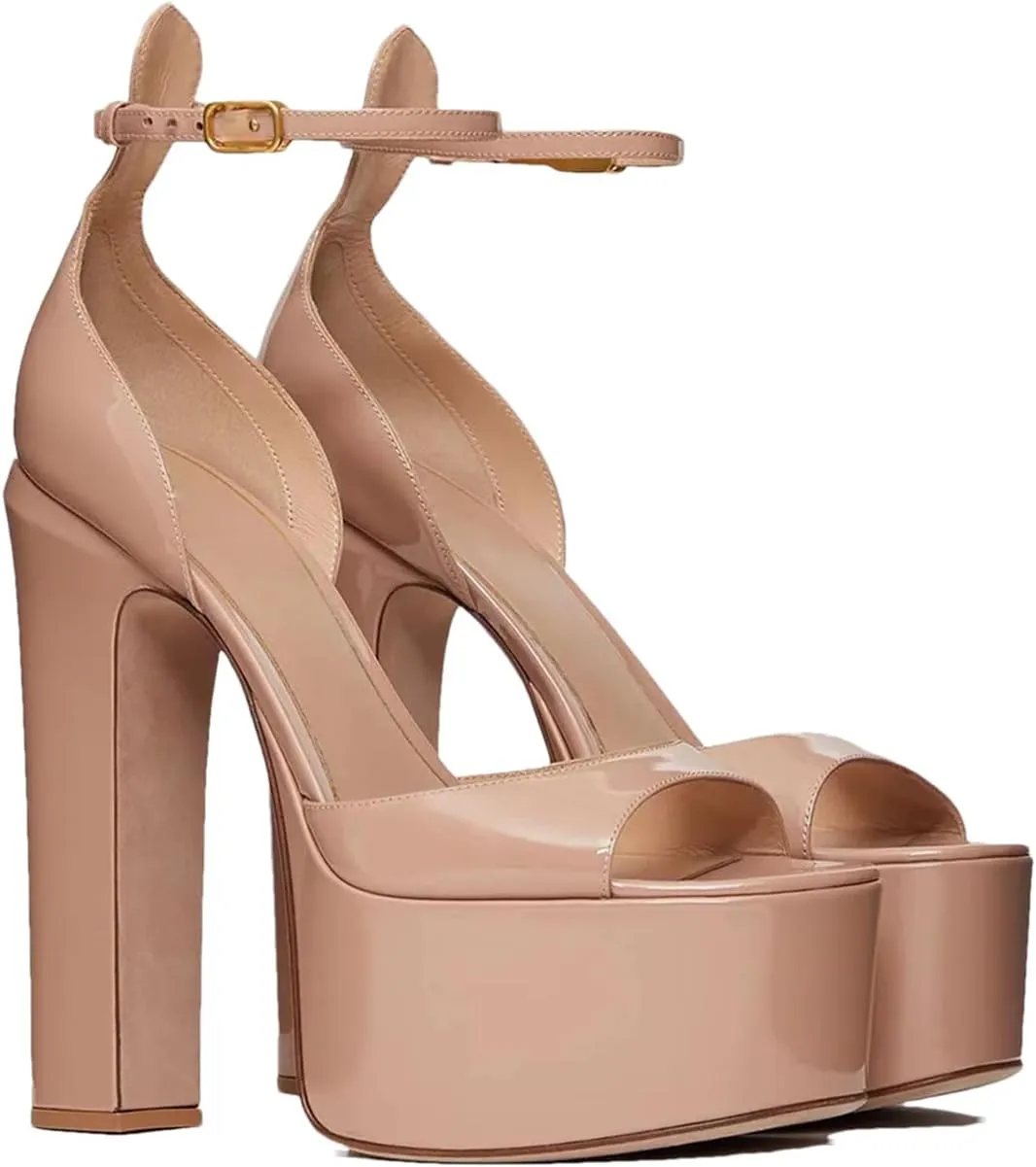 Women's Chunky Heel Sandals - Peep Toe Ankle Strap Western Style Shoes
