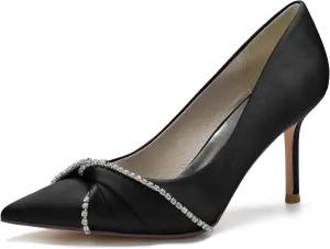 Womens Closed Pointed Toe Heels Fashion Pleated Satin Slip On Backless Comfortable Wedding Dress Shoes