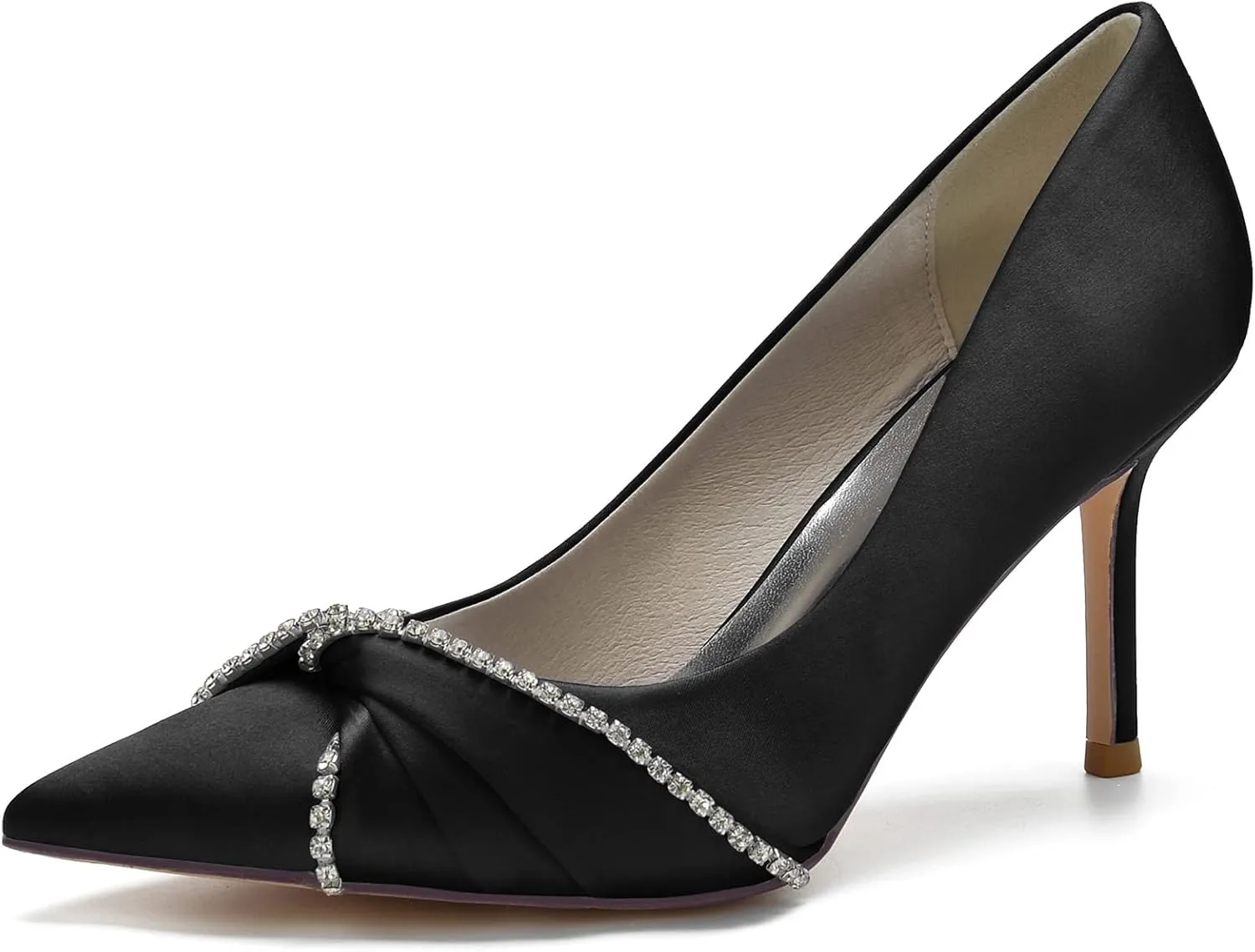 Womens Closed Pointed Toe Heels Fashion Pleated Satin Slip On Backless Comfortable Wedding Dress Shoes