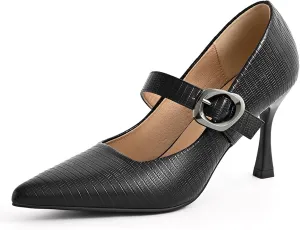 Women's Closed Pointed Toe Kitten Heel Mary Jane Pumps Elegant Leather Embossed Adjustable Buckle Strap Fashion Dress High Heels 3.15 Inch Stiletto Work Shoes