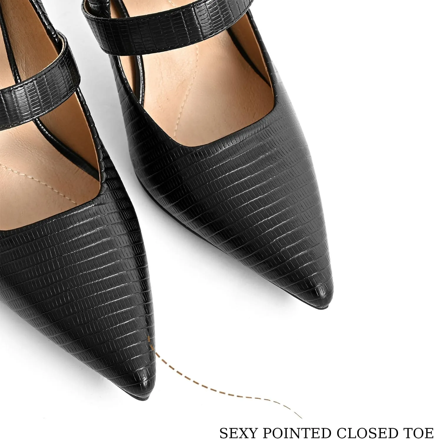 Women's Closed Pointed Toe Kitten Heel Mary Jane Pumps Elegant Leather Embossed Adjustable Buckle Strap Fashion Dress High Heels 3.15 Inch Stiletto Work Shoes