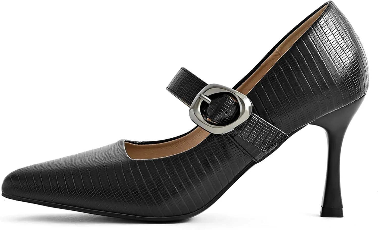 Women's Closed Pointed Toe Kitten Heel Mary Jane Pumps Elegant Leather Embossed Adjustable Buckle Strap Fashion Dress High Heels 3.15 Inch Stiletto Work Shoes
