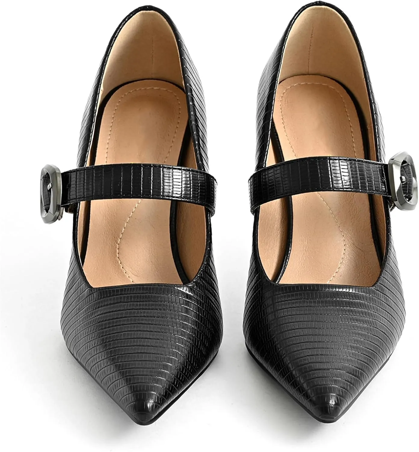 Women's Closed Pointed Toe Kitten Heel Mary Jane Pumps Elegant Leather Embossed Adjustable Buckle Strap Fashion Dress High Heels 3.15 Inch Stiletto Work Shoes