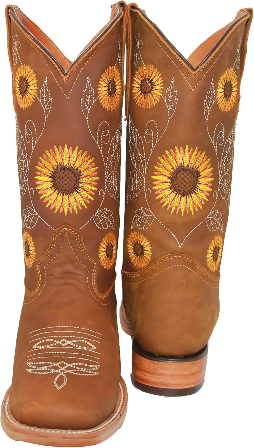 Women’s Cowgirl Cowboy Square Toe Leather Boots Sunflower Embroidered