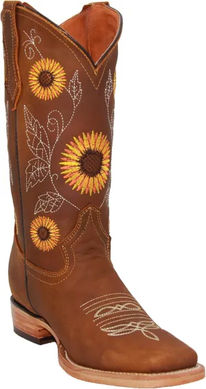 Women’s Cowgirl Cowboy Square Toe Leather Boots Sunflower Embroidered