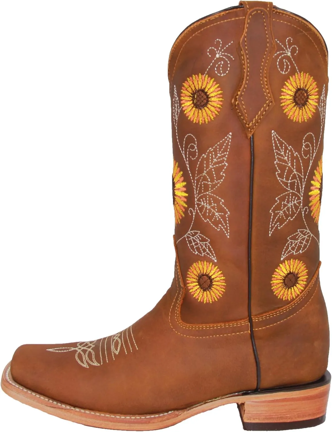 Women’s Cowgirl Cowboy Square Toe Leather Boots Sunflower Embroidered