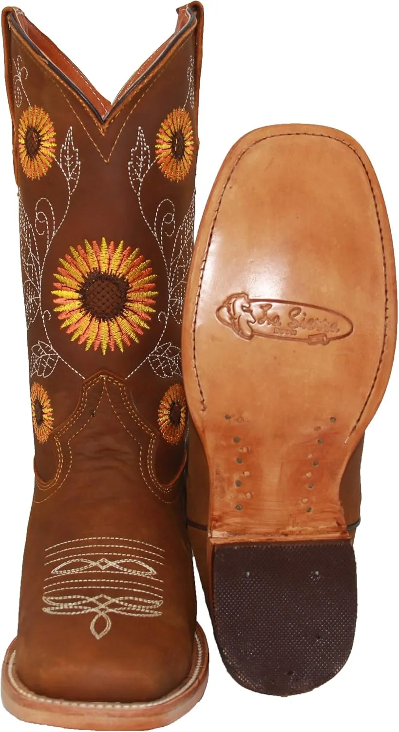 Women’s Cowgirl Cowboy Square Toe Leather Boots Sunflower Embroidered