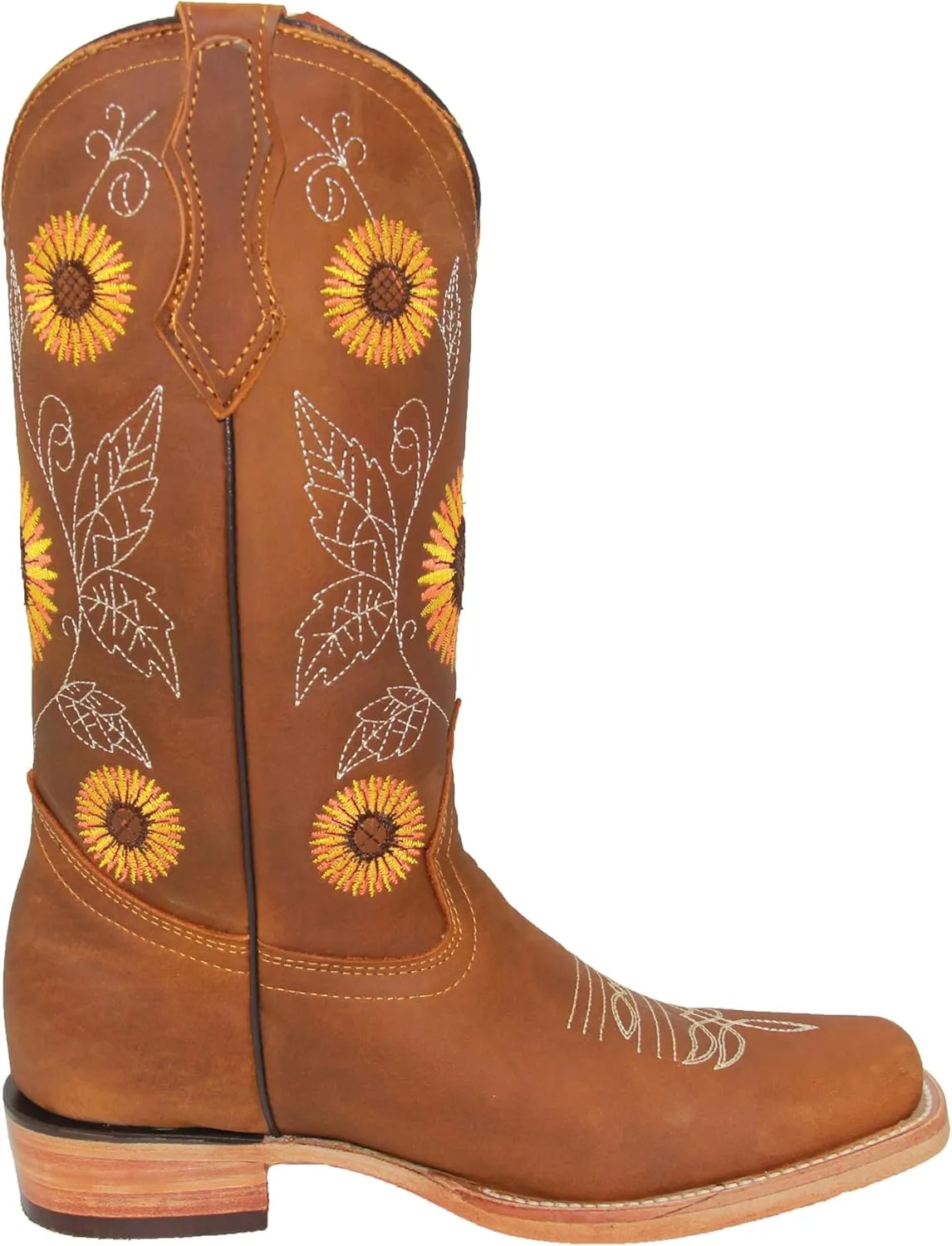 Women’s Cowgirl Cowboy Square Toe Leather Boots Sunflower Embroidered