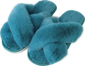 Women's Cross Band fluffy Slippers, Lady Soft Plush Faux Rabbit Fur Furry Cozy Open Toe House Indoor Warm Slippers