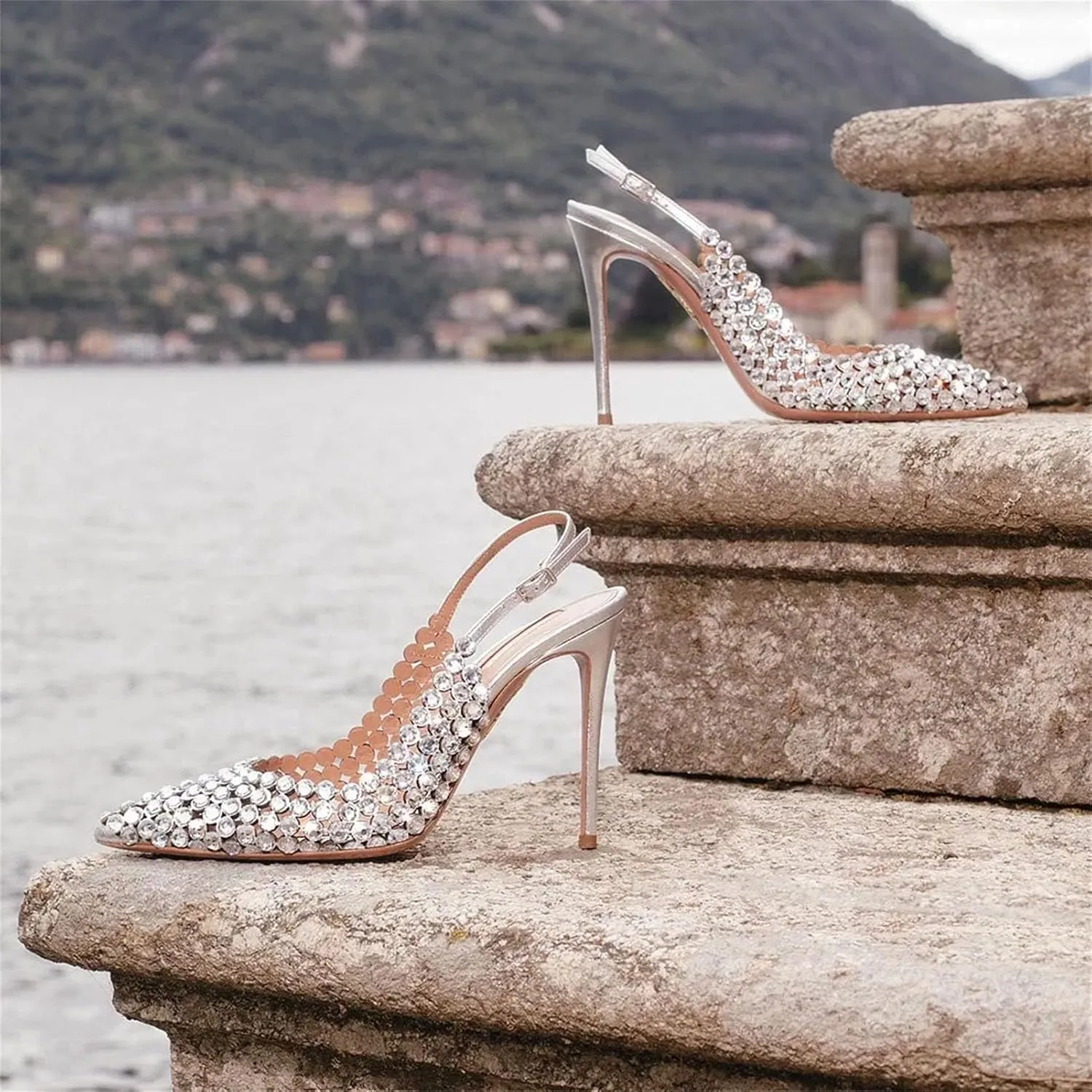 Women's Diamond Bridal Sandals - Single Strap Pointed Toe Wedding Heels