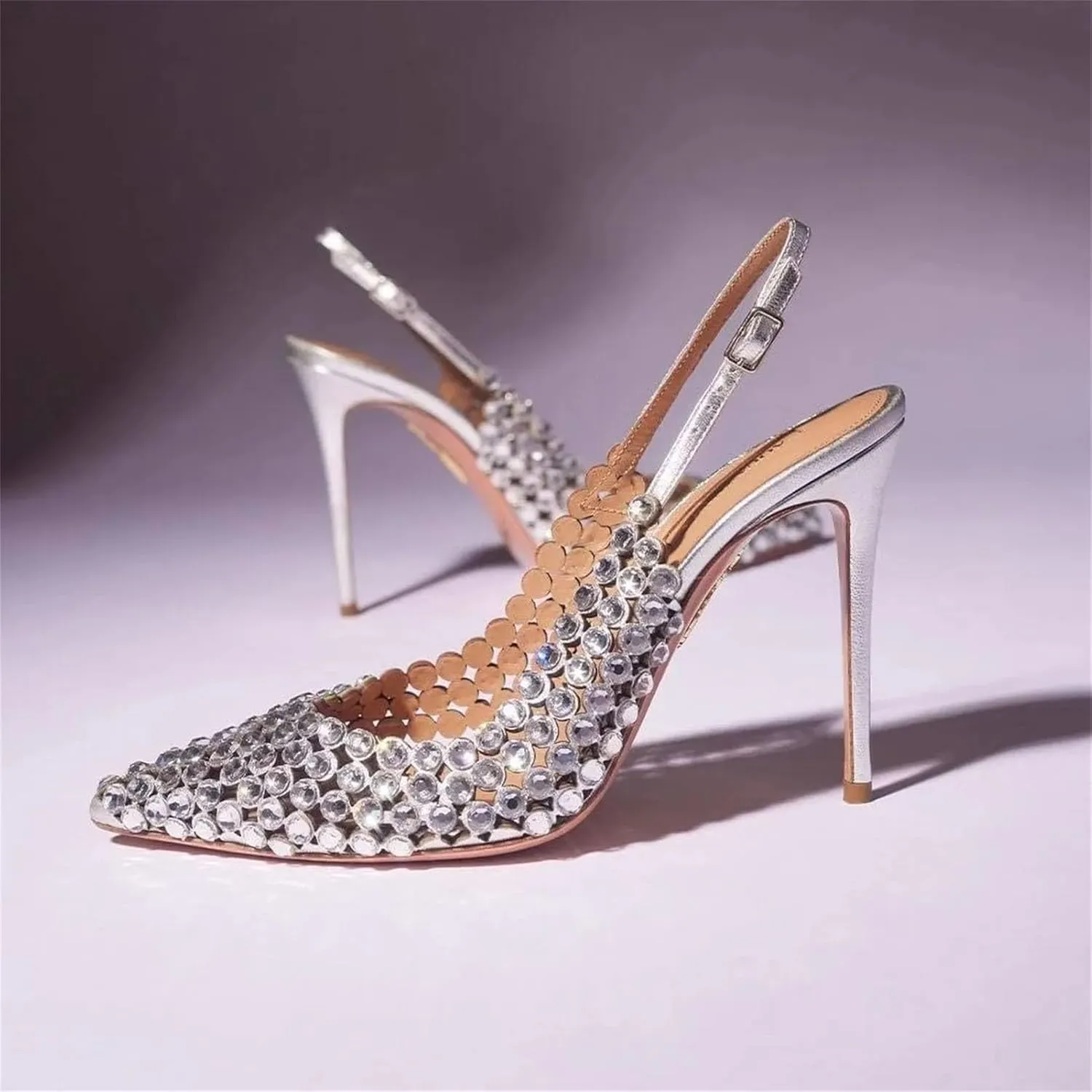 Women's Diamond Bridal Sandals - Single Strap Pointed Toe Wedding Heels