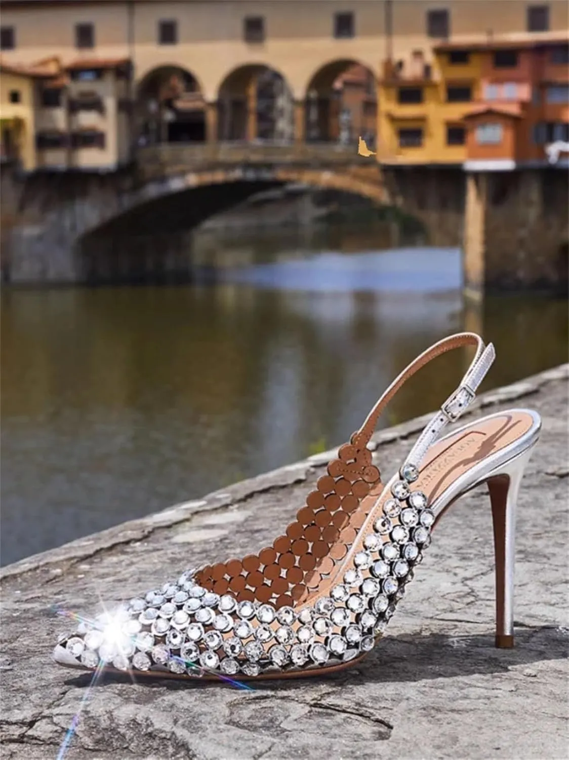 Women's Diamond Bridal Sandals - Single Strap Pointed Toe Wedding Heels