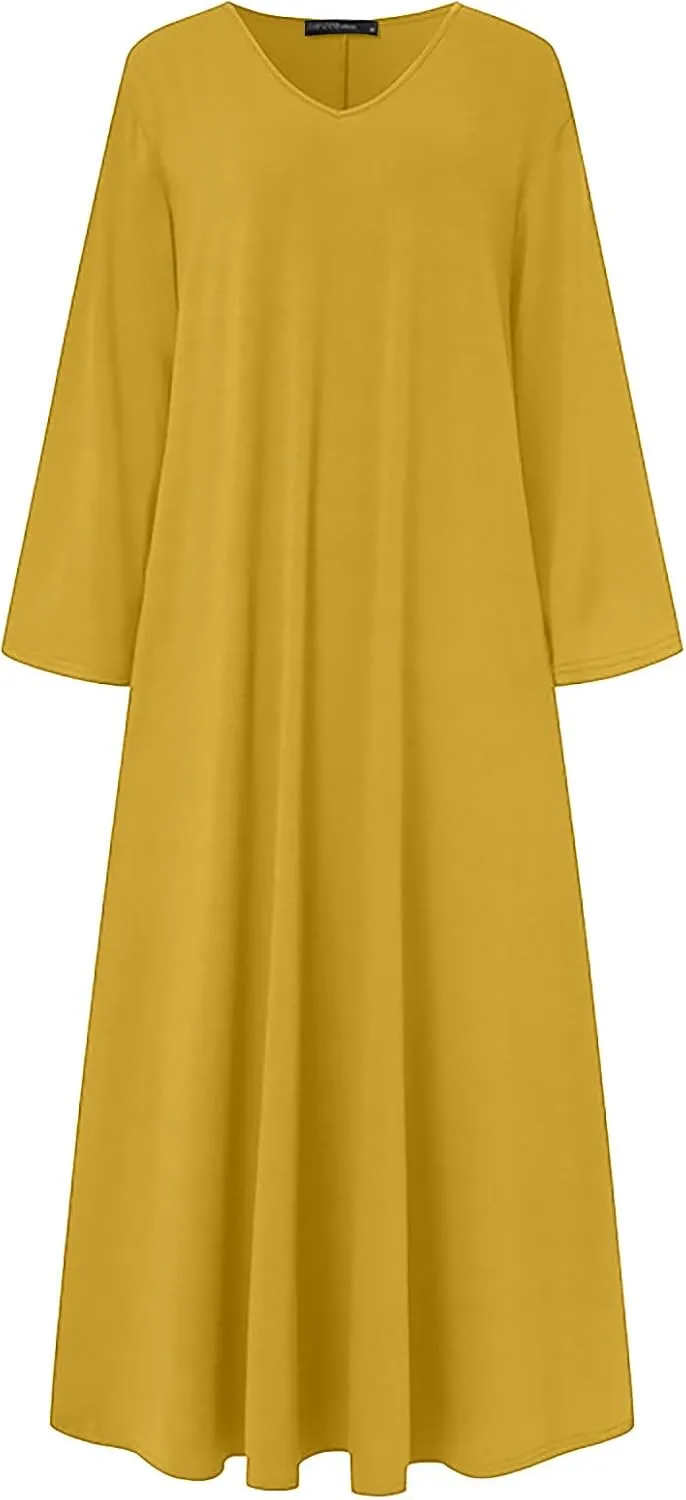 Womens Dresses Fall Casual Long Sleeve Solid V Neck Ruffle Flowy Maxi Dress Vintage Daily Vacation Dress 2024 Clothes