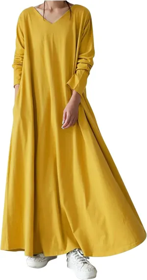 Womens Dresses Fall Casual Long Sleeve Solid V Neck Ruffle Flowy Maxi Dress Vintage Daily Vacation Dress 2024 Clothes