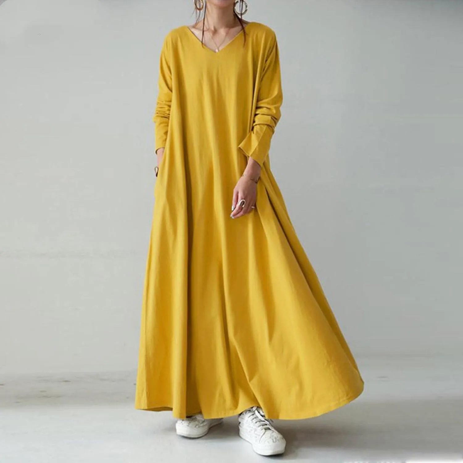 Womens Dresses Fall Casual Long Sleeve Solid V Neck Ruffle Flowy Maxi Dress Vintage Daily Vacation Dress 2024 Clothes