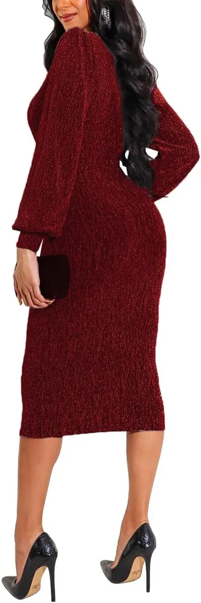 Women's Elegant Bodycon Long Dresses Deep V Neck Long Sleeves Club Night Party Midi Dress