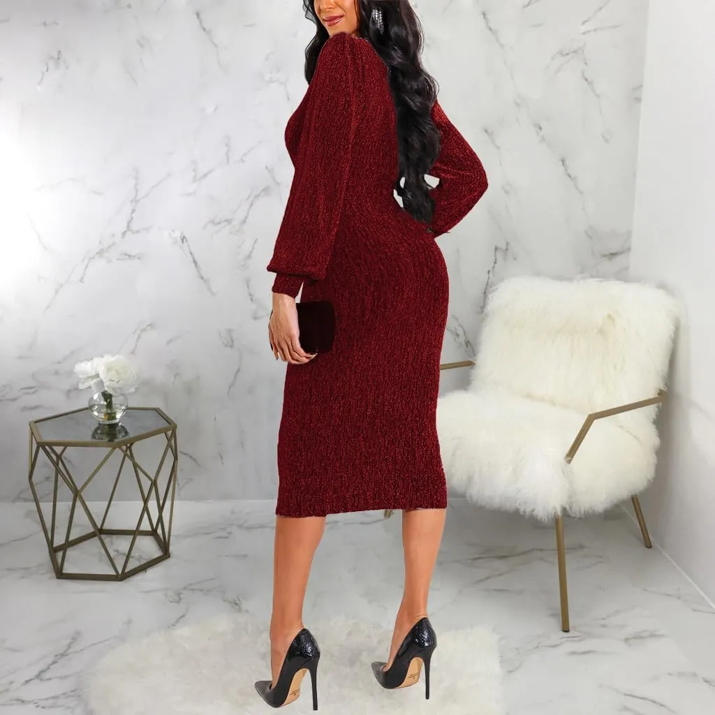 Women's Elegant Bodycon Long Dresses Deep V Neck Long Sleeves Club Night Party Midi Dress
